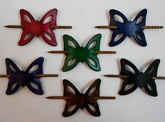 2 Leather Butterfly Hair Barrettes w Sticks, Ponytail Holders, Choice of Colors