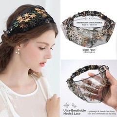 Wide Lace Stretch Flower Hair Band Floral Embroidered Headband for Women Outfits