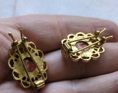 Vintage 70s Faux Orange Jasper Hair Clips, Gold Tone