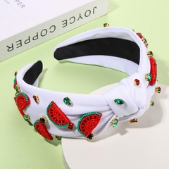 Watermelon A Pink Top Knot Headband Beaded Flower Palm Leaf Jeweled Summer