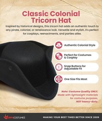 Adult Black Tricorn Pirate Hat for Women Colonial Buccaneer Cap Accessory