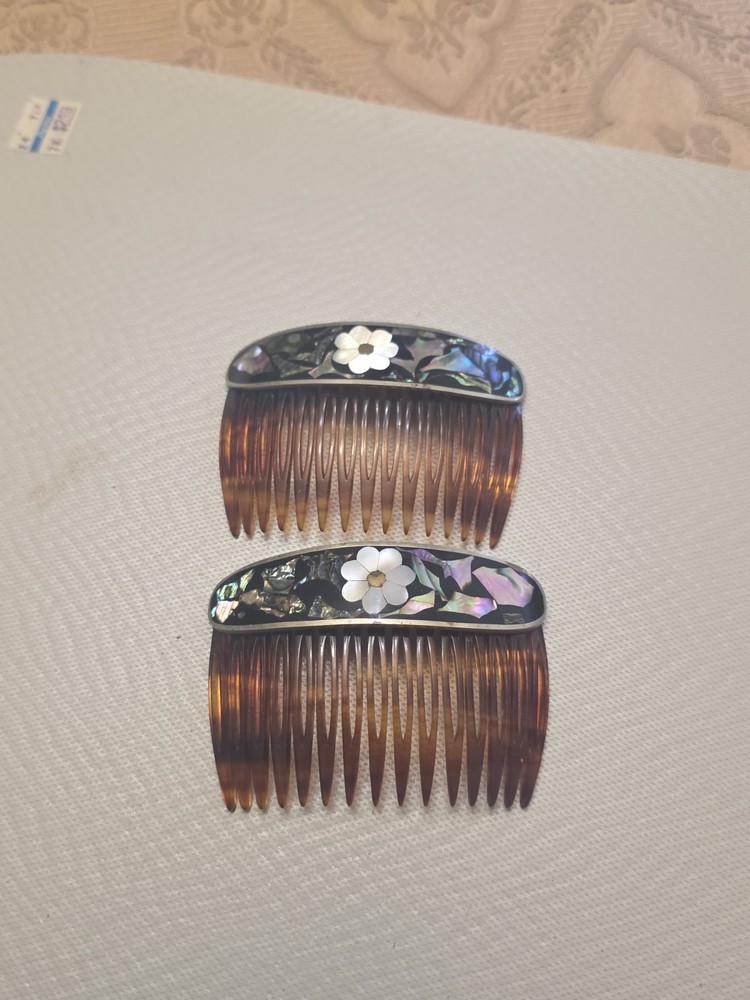 Vtg Silver Abalone & Mother of Pearl Flower Inlay Hair Combs Alpaca Mexico #10