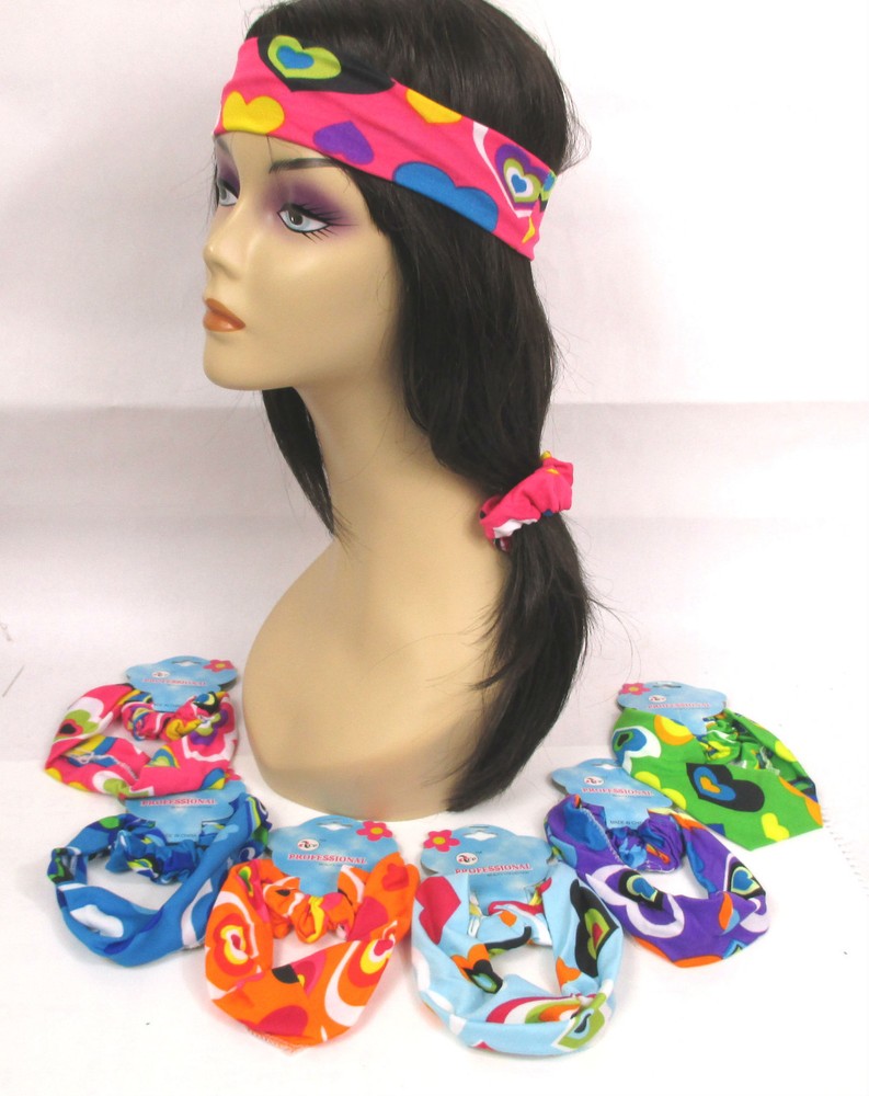 LOT OF 1,6,12,24 SET-“HEART” DESIGN SPANDEX HEADBAND & HAIR SCRUNCHIE SET-ES244A