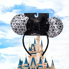 #3 Disney White satin Mickey Mouse ears with black Mickey heads & sequins bow