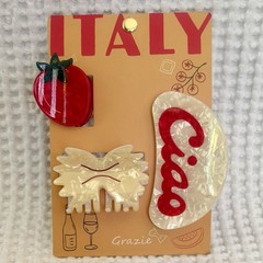 Italian Theme Hair Clips 3pc Red Tomato Pearlescent Farfalle Bowtie Pasta Ciao