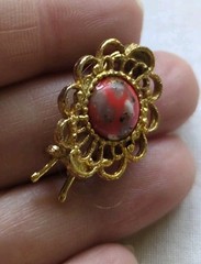 Vintage 70s Faux Orange Jasper Hair Clips, Gold Tone