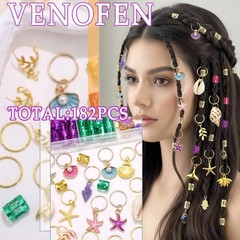 182Pcs Multicolor Seashell Hair Jewelry – Braids Cuffs, Rings, Dreadlock Charms