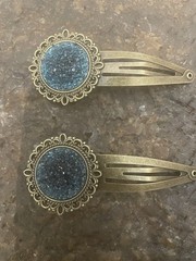 (2) Retro Teal Blue Druzy Glitter Vintage Bronze Snap-in Large Hair Clips