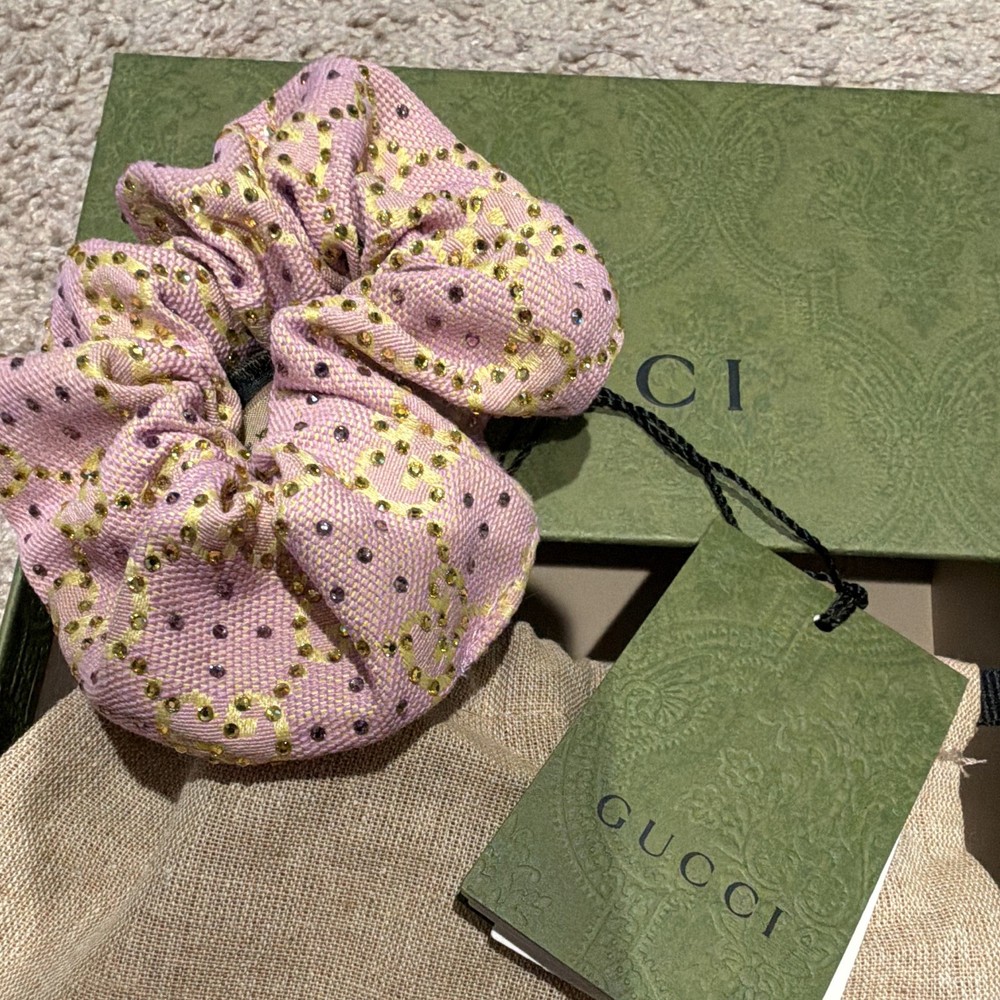 Gucci Pink & Gold Polka Dot Fabric Scrunchie w/ RFID, Logo Accent