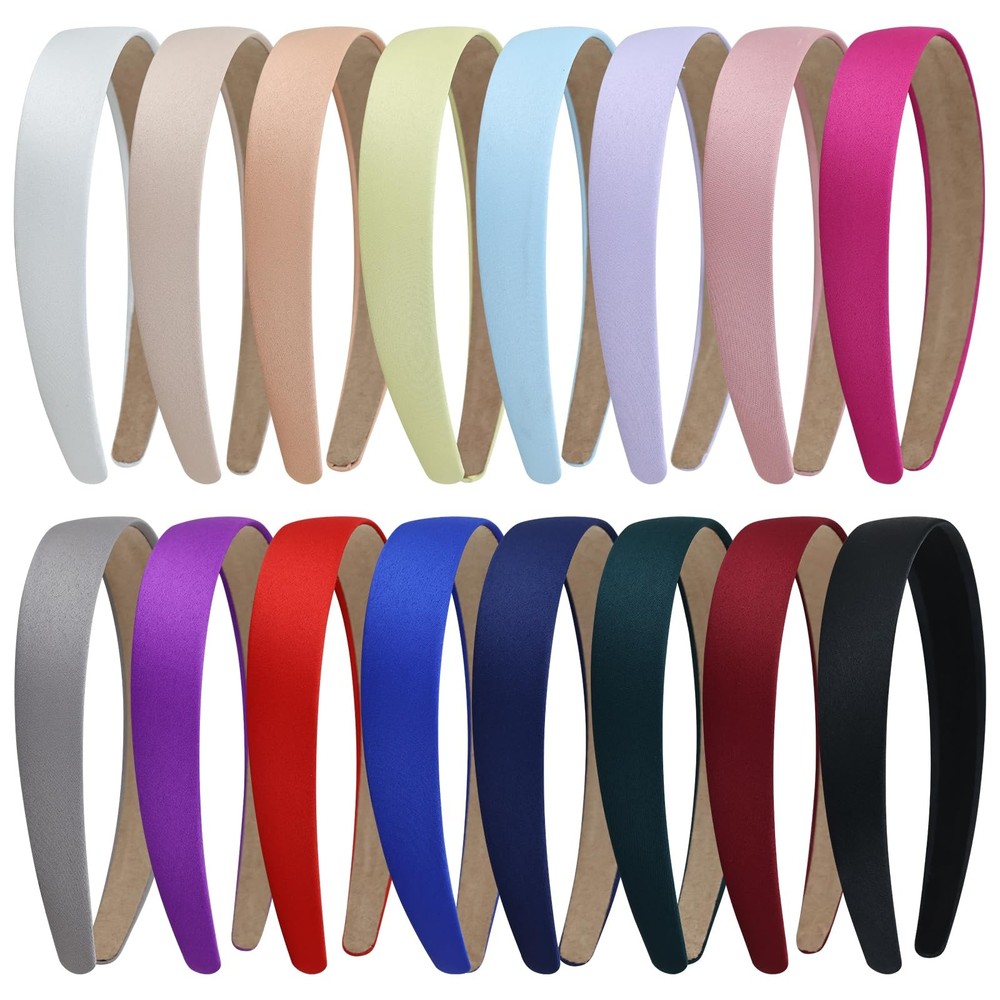 16 Pack Multicolor Satin Cloth Fabric Covered Thin Slim Plain Plastic Headban…