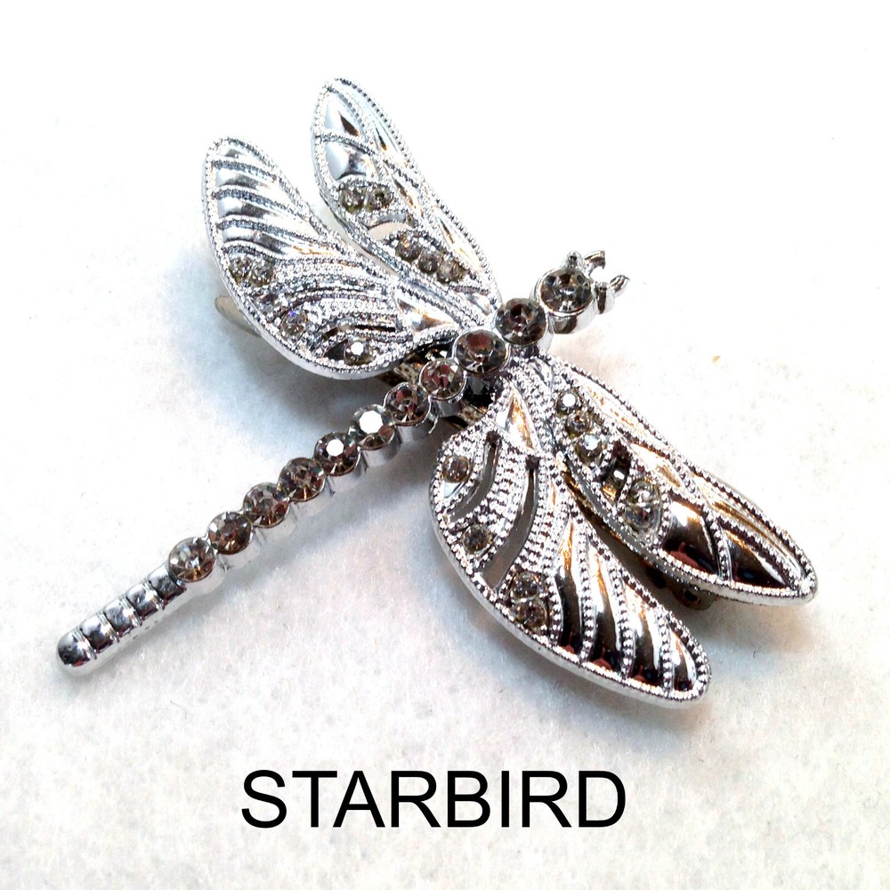 SILVER ENAMEL DRAGONFLY INLAY SEASHELL BARRETTE 80’s VINTAGE