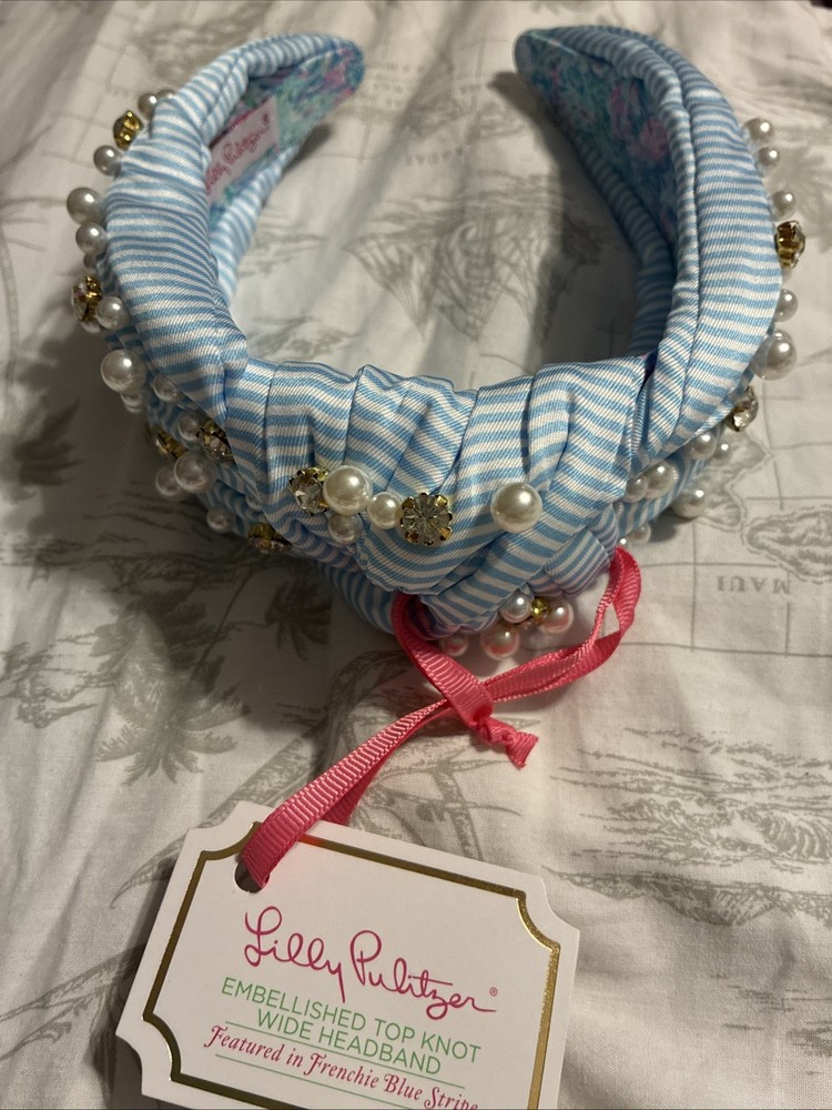 Lilly Pulitzer Crystal n Pearl Embellished Blue White Striped Headband