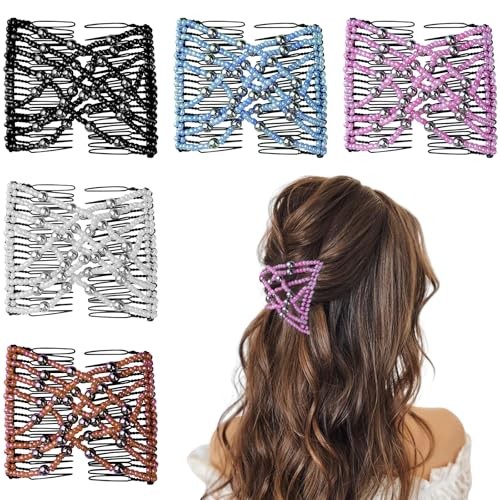 5 Pieces Stretchy Magic Comb Adjustable Elastic Black,Brown,White,Blue,Pink