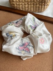 Large Butterfly Embroidery Scrunchie, Satin Hair Tie for Women, Vintage Style Gi