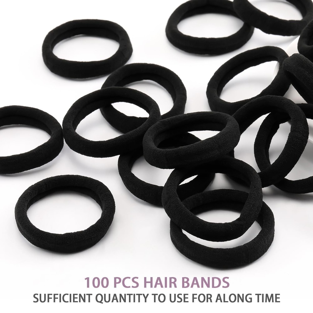 100PCS Black Hair Ties for Women, Seamless Cotton Hair Bands, No Crease No Damag