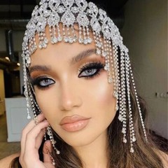 Women Headdress Tassel Hair Chain Headwear Dance Face Mask Dress up Rhinestone
