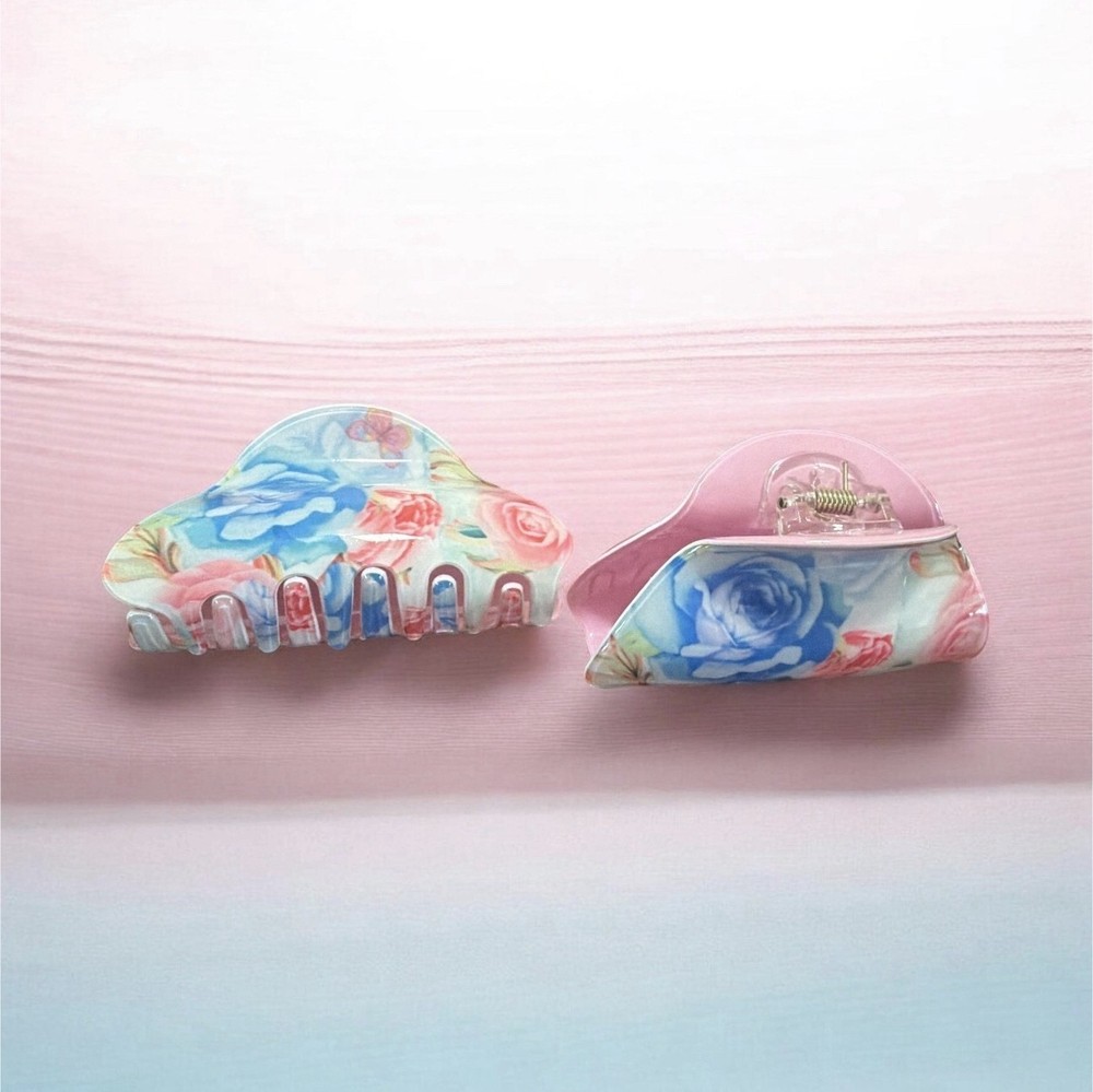 Women’s Multicolor Floral Flower Hair Claw Clips Set of 2, Plastic Casual