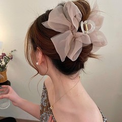 3pcs Mesh Tulle Bow Claw Clips Bowknot Hair Chiffon Beige,Coffee,Pink