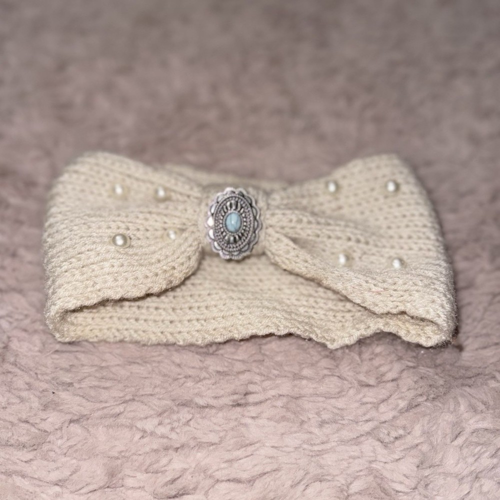 Women’s Beige Knit Stretch Bow Headband with Beaded Accents & Button, Solid