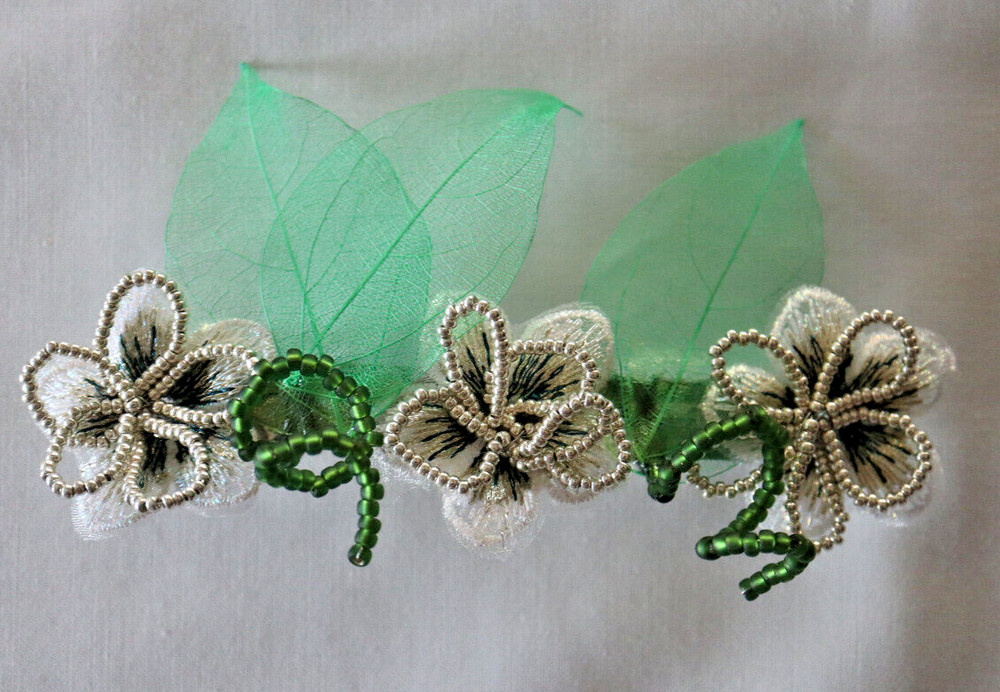 BARRETTE HAIR CLIP HAND BEADED OVER EMBROIDERED SILVER/WHITE FLOWERS 5″