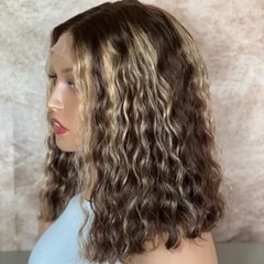 Short Water Curly Wave Lace Front Human Hair Wigs Brown Blonde Highlight Wigs