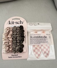 Kitsch Terracotta Checker Hair 2pc Clips/6pc Eucalyptus Scrunchie Set NEW