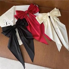 3 Women Solid Color Long Big Bow Float Satin Spring Clip Back Head Hair Clip