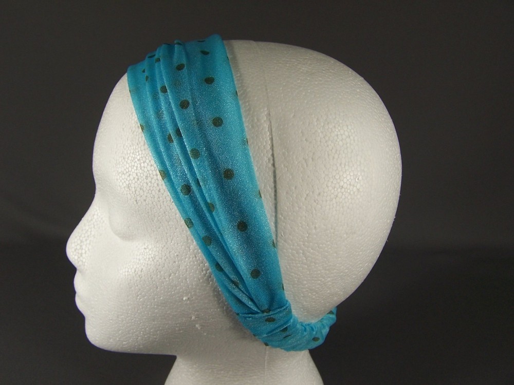 Aqua dot chiffon soft fabric scrunched stretch kerchief headband 3in1 bandana