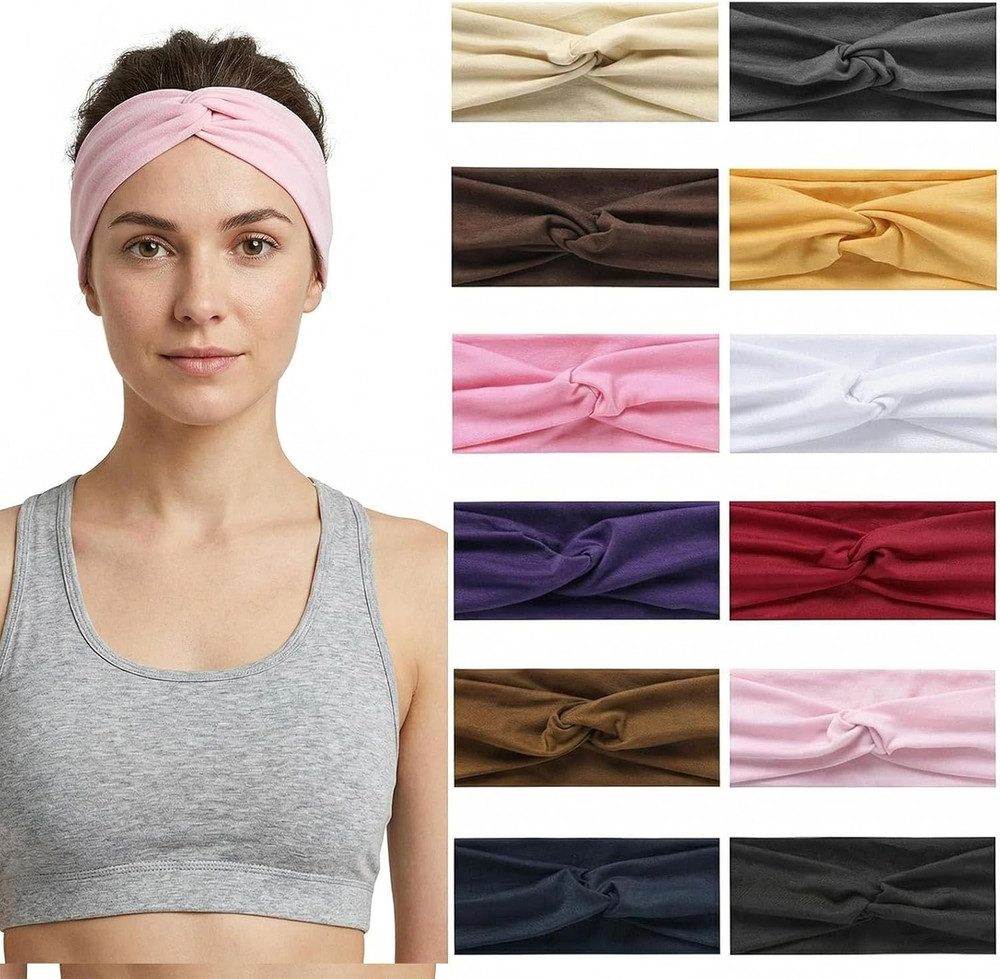 12 Pcs Stretchy Sport Headbands for Women,Absorbed Sport Headband Soft Twist Kno