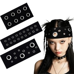 3Pack Women’s Punk Grunge Grommet Headbands Wide Elastic Metal Eyelet