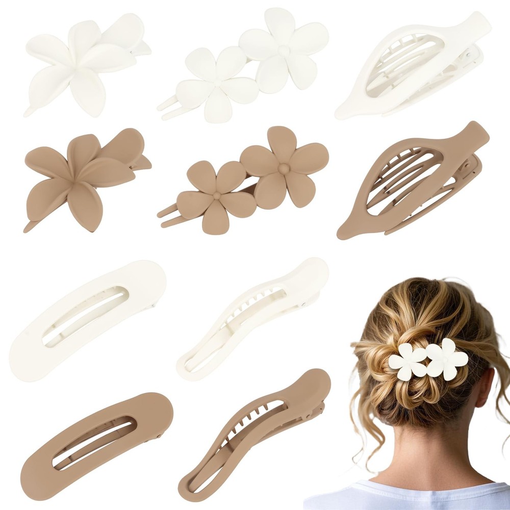Oblihumoy 10 PCS Flat Hair Clips for Women 5 Styles Non-slip white, brown