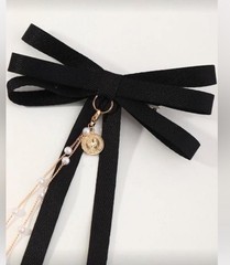 Black Bow Ribbon Hair Clip Set w/ Beaded Double Chain Drape, Solid Metal