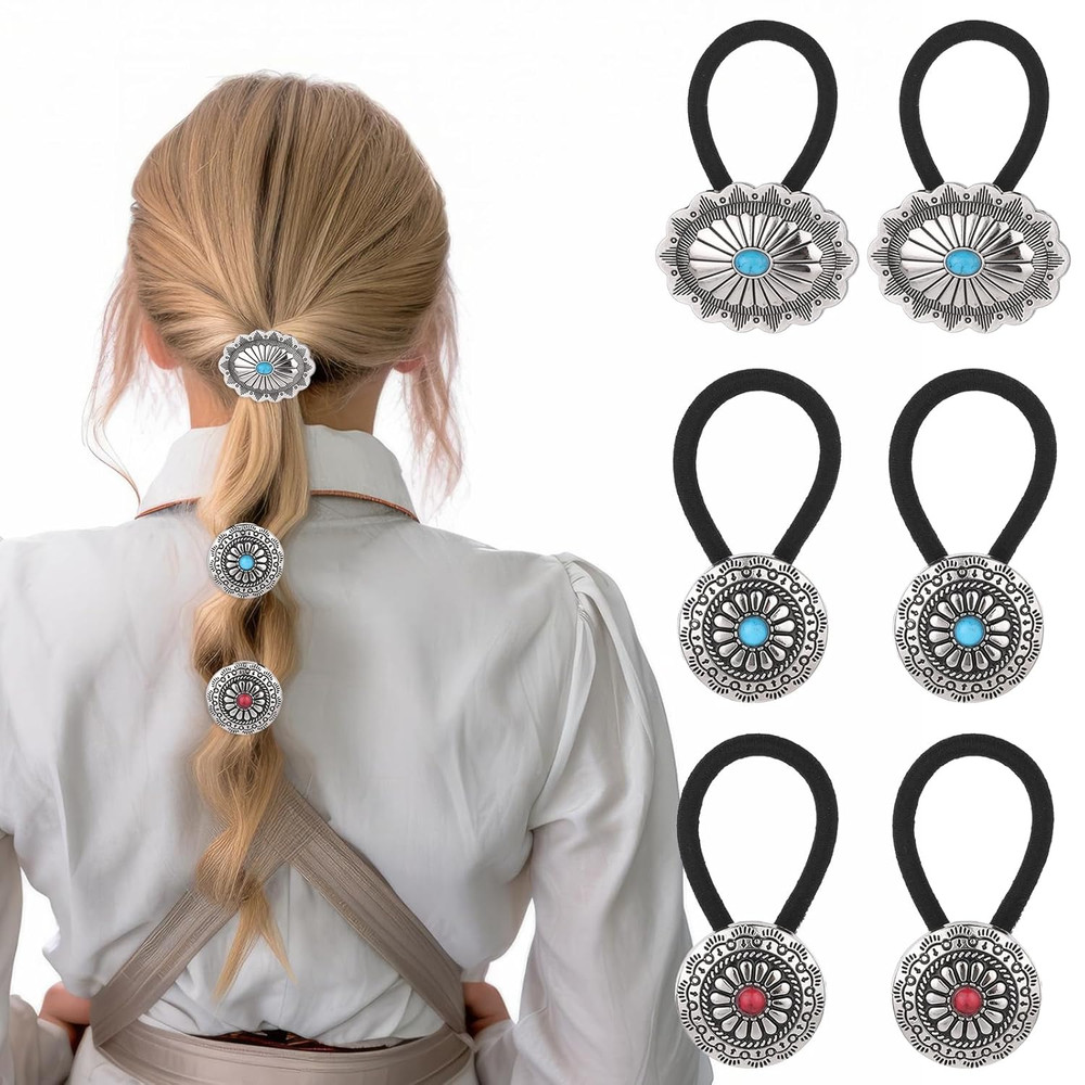 6 Pcs Western Ponytail Holders, Boho Metal Hair Clips, Circular Flower Hair Ties