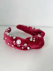Tahari Red Velvet Embellished Pearl And Rhinestone Knotted Headband NWOT