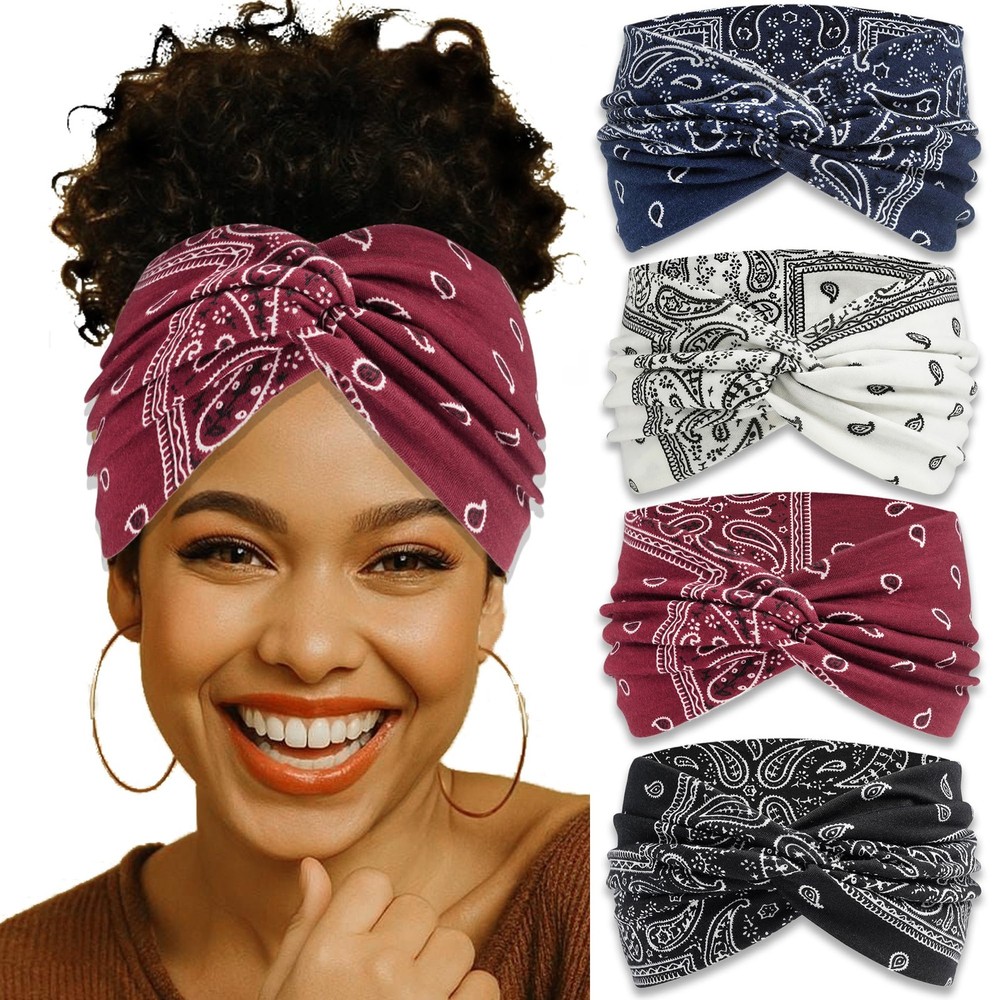 ZUYASEZ 4 Pack Wide Headbands for Women Paisley Twist Hair Bands Stretchy Cro…