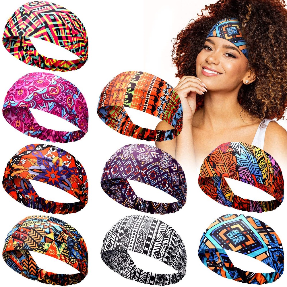 9 Pieces African Headbands Stretchy Boho Print Hairband Yoga Running Sports W…