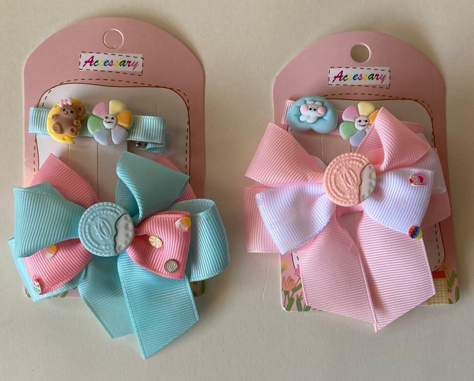 Kids Hair Clips Cute Bow Teddy Bear Hairpin Girls Accessories Headwear Lot Of 4