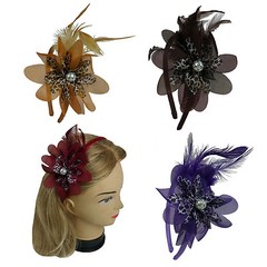 12 Feather Leopard Flower w/Pearl Satin Headband 0.4″ width Color Assorted