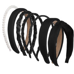 7 Pcs Black Headbands for Women Multi-Style Knotted Head Bands Vintage Pearl