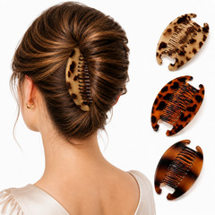 3 Set Brown Cheetah Banana Hair Comb Vintage Style French Twist Updo Barrette