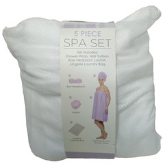 5 Pc. SPA SET-Hair Turban, Loofah, Shower Wrap, Bow Headband, Laundry Bag NEW!