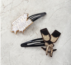 New Years Celebration Glittery Snap Hair Clips 2 Pack Champagne Glasses Stars