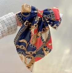 Blue Scarf Designer Pattern Stylish Bow Big Ribbon Hair Clip All Hair Types