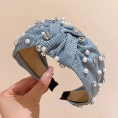 KLASS Cute Classy Headband for Women Girls Non Slip Blue Denim Knotted Pearl