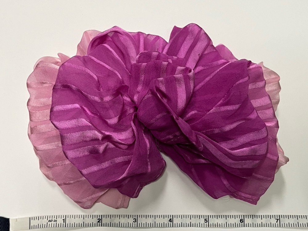 Vintage 80s 90s Big Silky Pink stripe Hair Bow Barrette Clip Ribbon Scarf