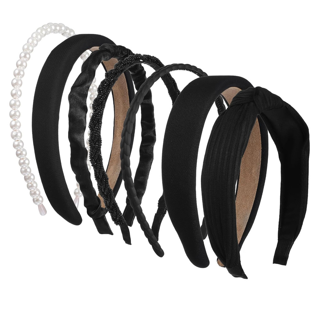 7 Pcs Black Headbands for Women Multi-Style Knotted Head Bands Vintage Pearl
