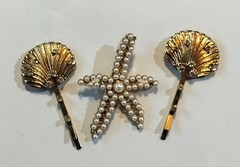 Elegant Gold Tone Beachy Hair Clips, Starfish & Scallop with Pearls & Rhinestone