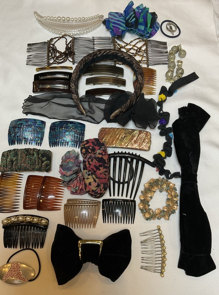 Vintage Hair Accessory Lot Of 36 Barrettes Combs Banana Clip Band Wraps 1980s