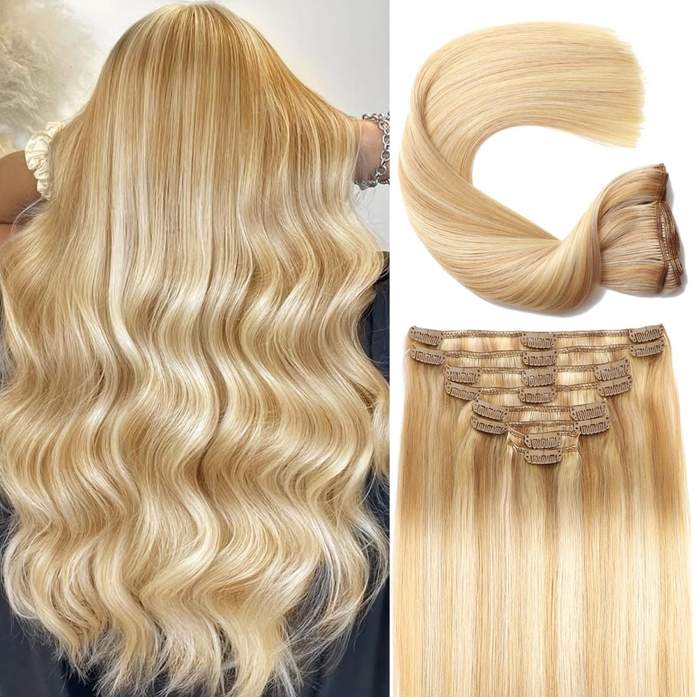 CWRDK Clip in Hair Extensions Real Human Hair Remy Straight Double Weft 16 Inch