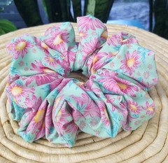 Mint Green Aster Floral Polyester Cotton Blend XXL Scrunchie 7″ Handcrafted